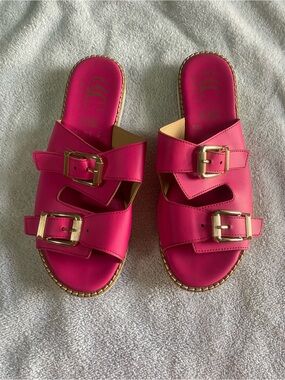 Women’s Bright Pink Double-Buckle Slide Sandals